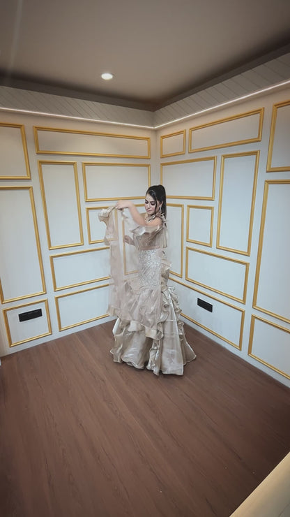 Organza mermaid lehenga with zarkan & pearl golden beige