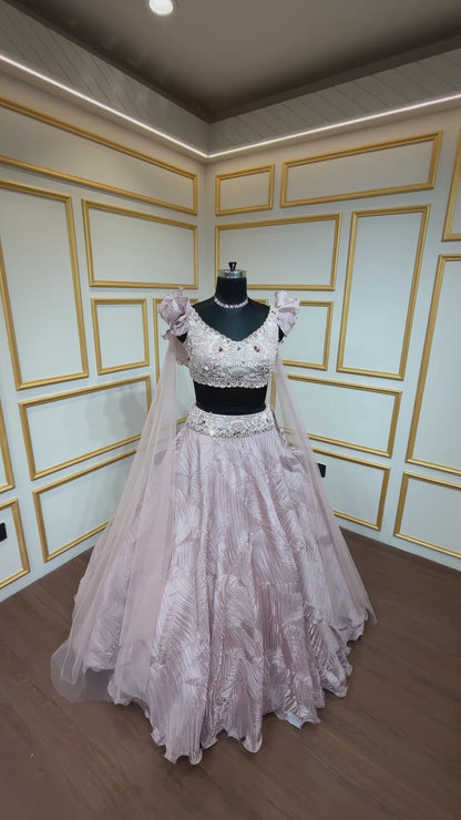 Baby pink lehenga choli in crush tissue with sequins & stone