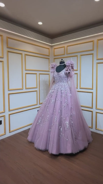 Net ball gown sequins & crystal in light mauve