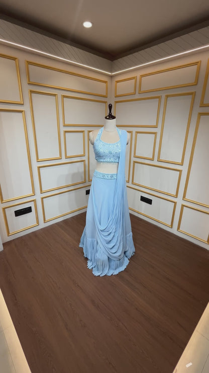 Mirror & sequins work on light blue drape lehenga in georgette