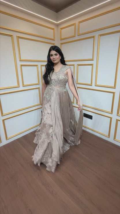 Chinon dress with sequins & thread in golden beige