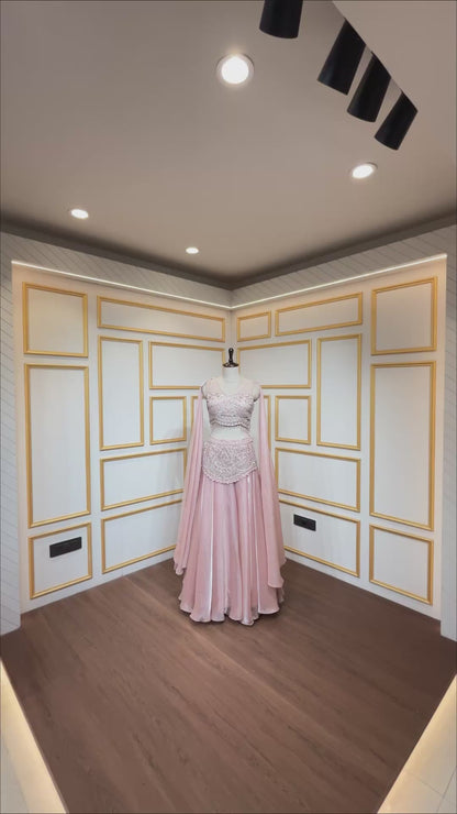 Peach pink crop top skirt with mirror & pearl work on organza