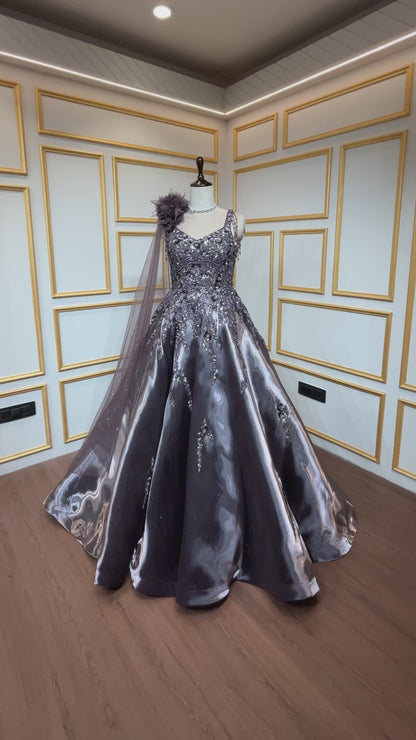 Espresso brown ball gown with sequins & crystal in liquid organza