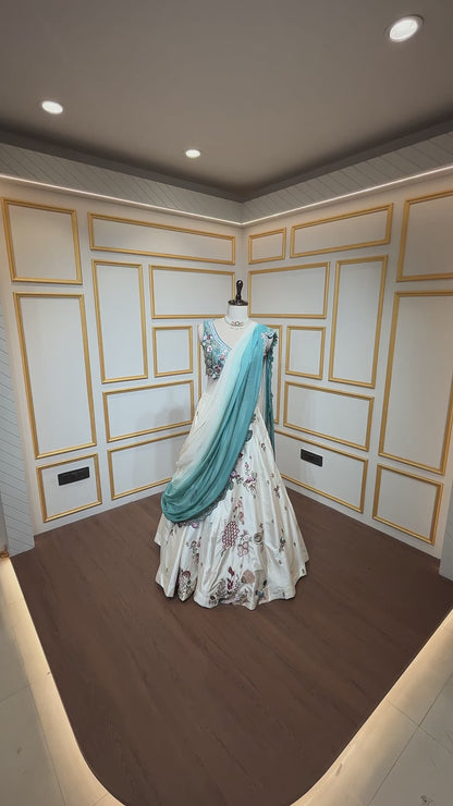 Cream & dusty turquoise drape lehenga with thread & pearl in raw silk
