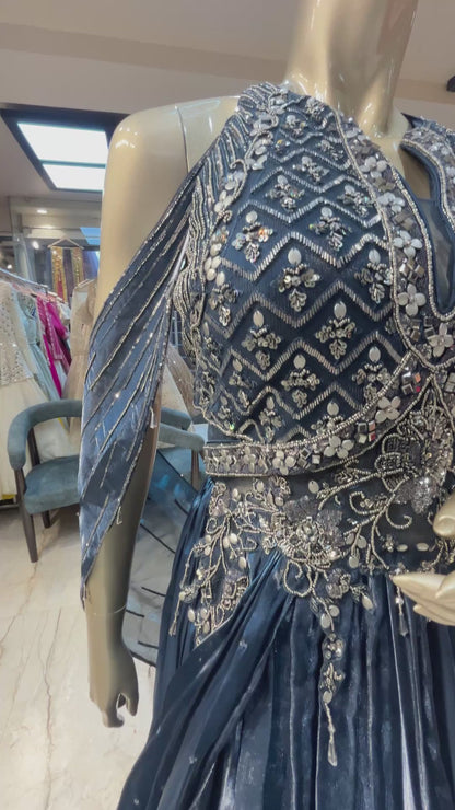 Peacock blue organza dress with pearl & mirror work