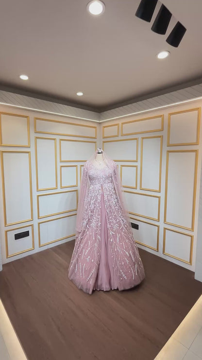Onion pink indo western dress with crystal and pearl with heavy dupatta