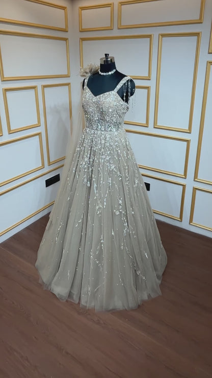 Khaki engagement gown with cut dana & crystal in net