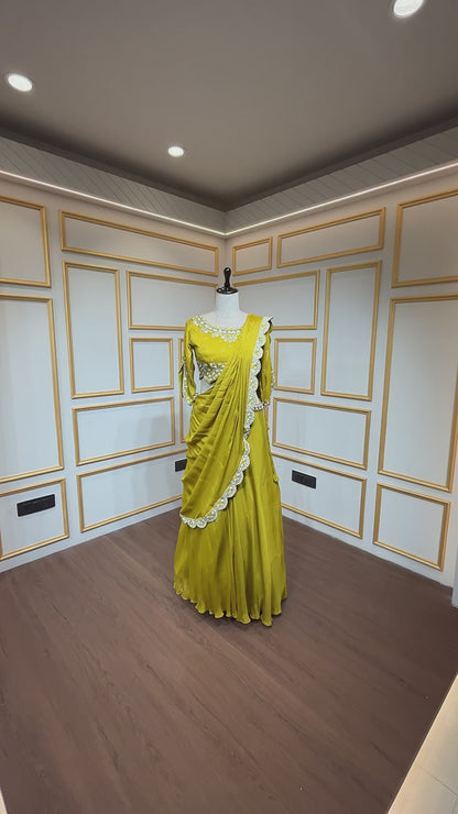 Mustard drape lehenga with french knot & cut dana in chinon