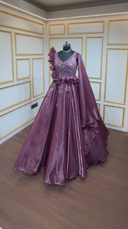 Sequins & crystal work on wine color organza gown