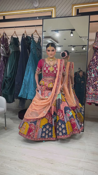 Brocade marwad lehenga in multicolour with resham & pearl work