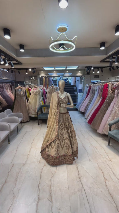 Raw silk lehenga with resham & zarkan work in dusty beige