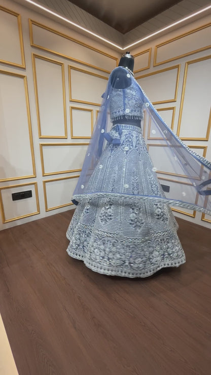 Powder blue lehenga choli in net with thread & zarkan