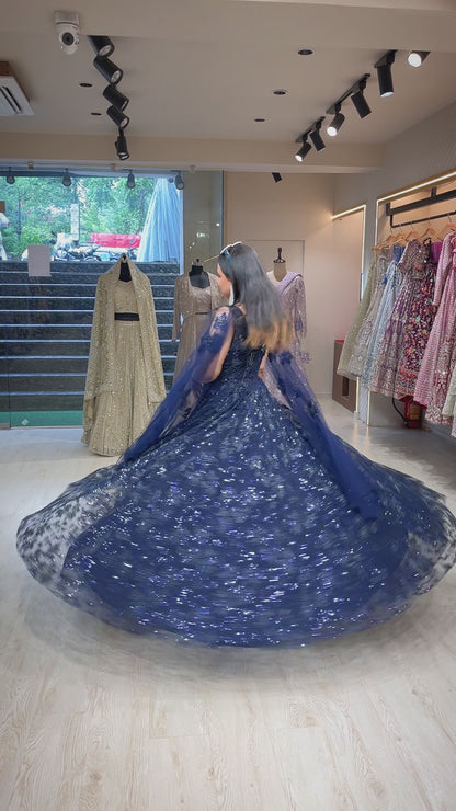 Sequins & tube work on net midnight blue engagement gown with falling sleeves