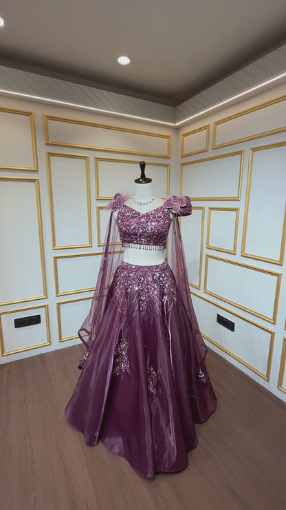Maroon lehenga choli in organza with sequins & stone