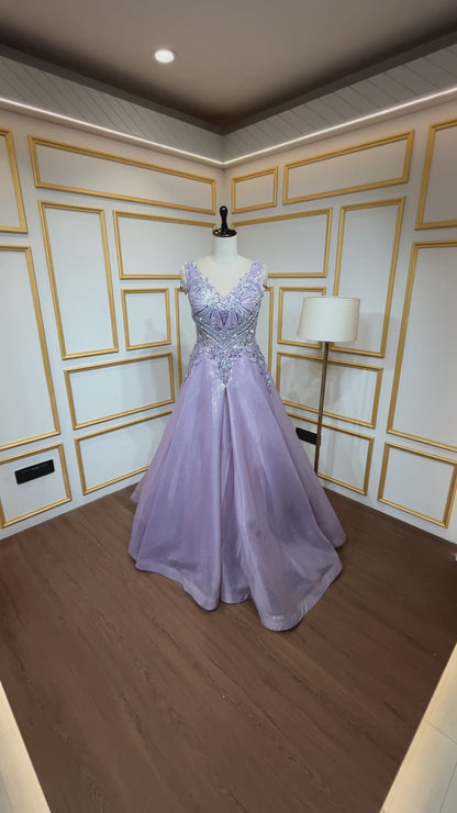 Lilac engagement gown with pearl & zarkan work on tissue organza