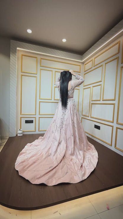 Powder pink trail gown with sequins & zarkan work in net