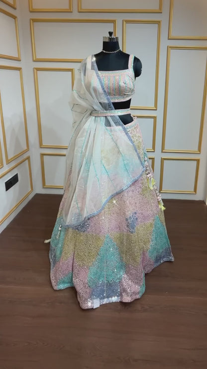 Multicolor lehenga with sequins & thread in net