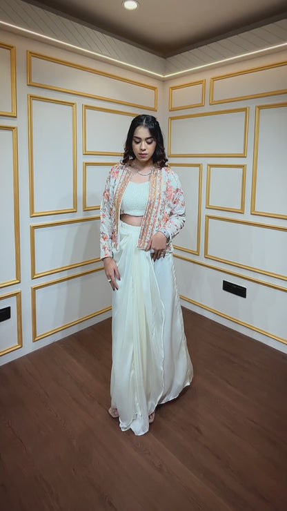 Pearl white dhoti style with jacket with sequins & thread work on organza