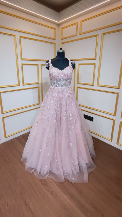 Blush pink gown with crystal & sequins work on net