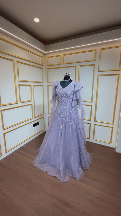 Lavender gown with pearl & crystal in shimmer net