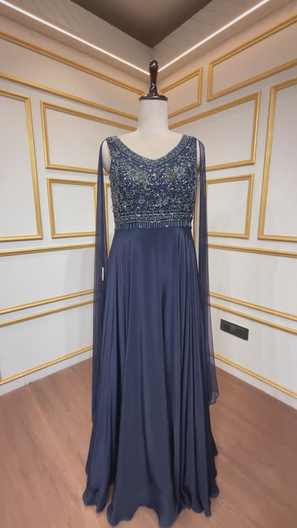 Denim blue dress with pearl & cut dana on chinon