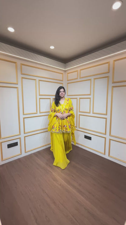 Mundhal silk peplum with sequins & cut dana work in bright yellow