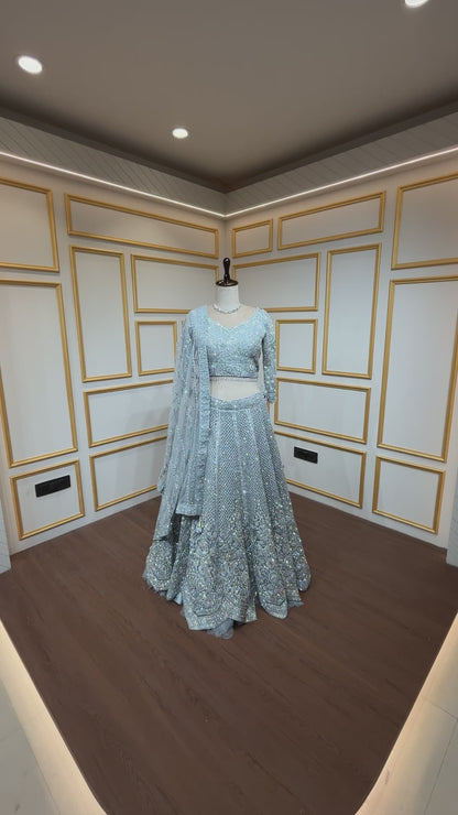 Zarkan & thread work lehenga on net in ash grey