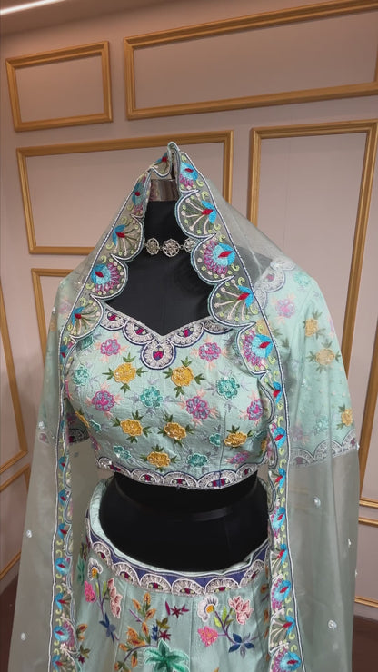 Raw silk lehenga with thread & stone in powder blue