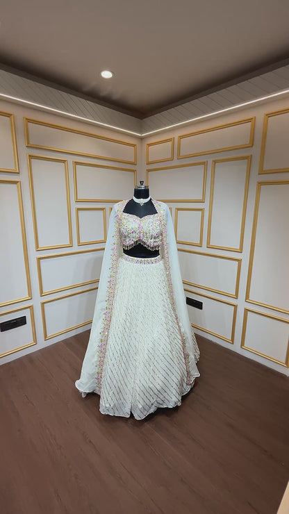 Georgette crop top skirt in ivory color in thread, siroski, sequins work with shrug