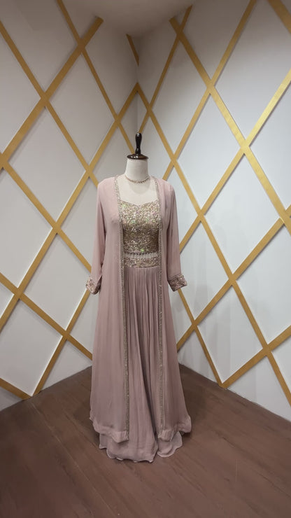 Georgette crop top skirt with shrug in dusty peach with french knot & cut dana