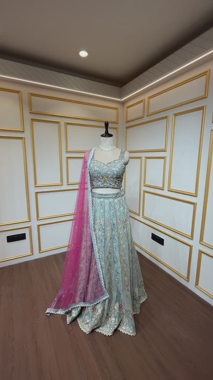 Light blue grey lehenga choli with thread & mirror in georgette