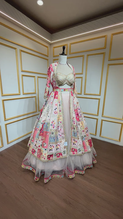 Thread & gota Patti work on georgette jacket with shimmer net skirt in multicolor