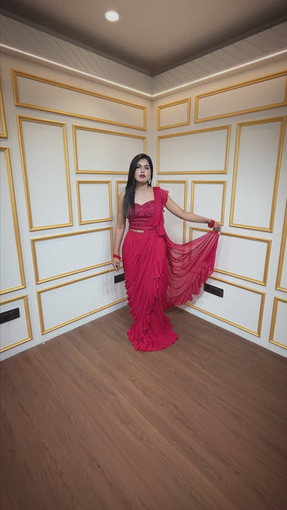 Georgette pre draped saree in rose red with cut dana & crystal