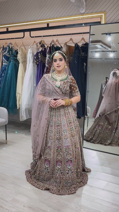 Multicolor lehenga with thread & crystal work on georgette with 4 border dupatta