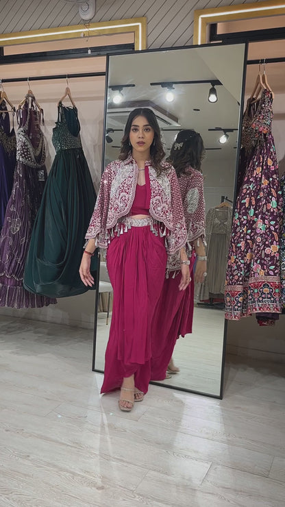 Satin dhoti style with dabka & crystal work on jacket in magenta