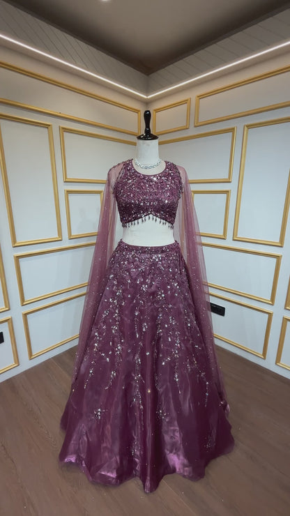 Wine lehenga choli in organza with stone & pearl