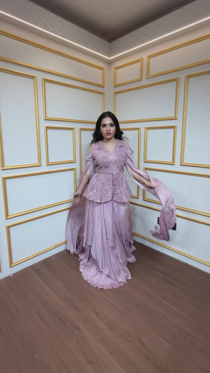 Peplum top with skirt with zari dori & sequins in  crepe pink