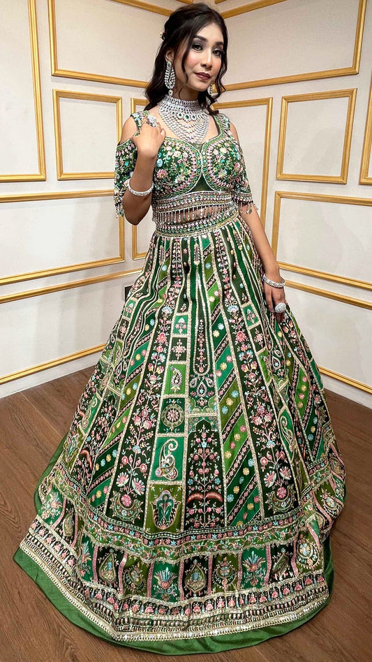 Multicolor lehenga on digital print with thread & sequins work choli with four side border dupatta