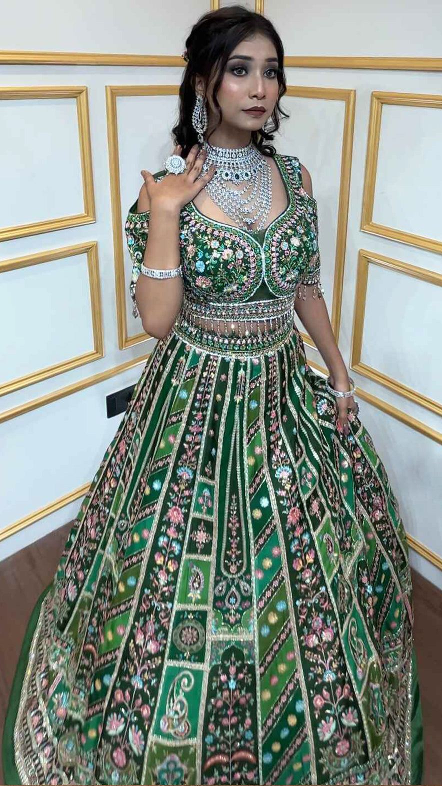 Multicolor lehenga on digital print with thread & sequins work choli with four side border dupatta