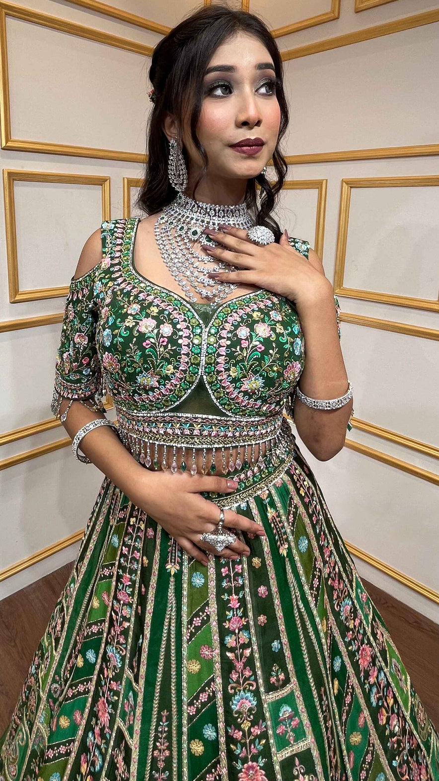 Multicolor lehenga on digital print with thread & sequins work choli with four side border dupatta