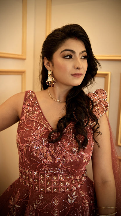 Net ball gown with crystal & sequins in red