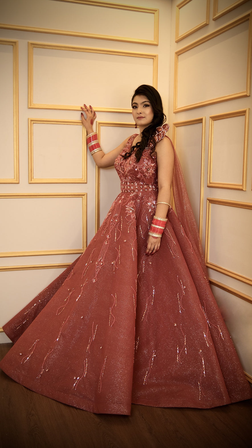 Net ball gown with crystal & sequins in red