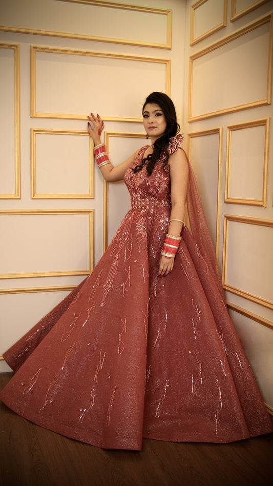 Net ball gown with crystal & sequins in red