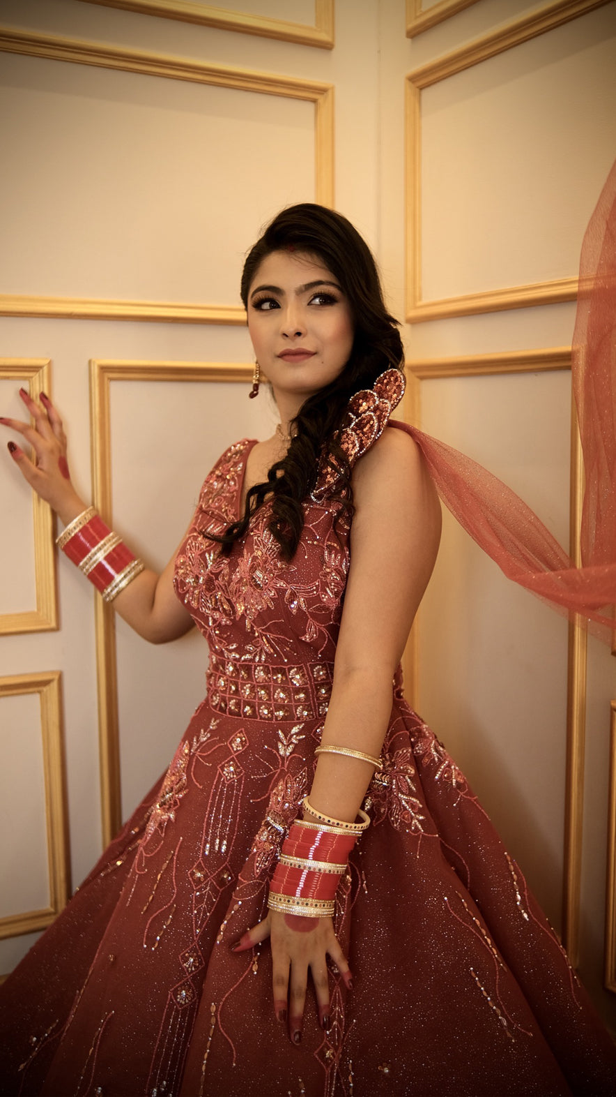 Net ball gown with crystal & sequins in red
