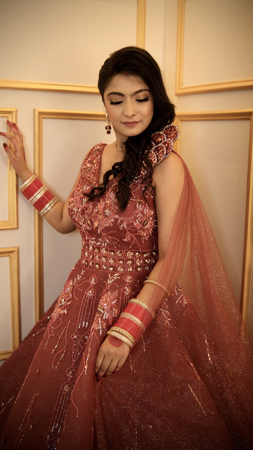 Net ball gown with crystal & sequins in red