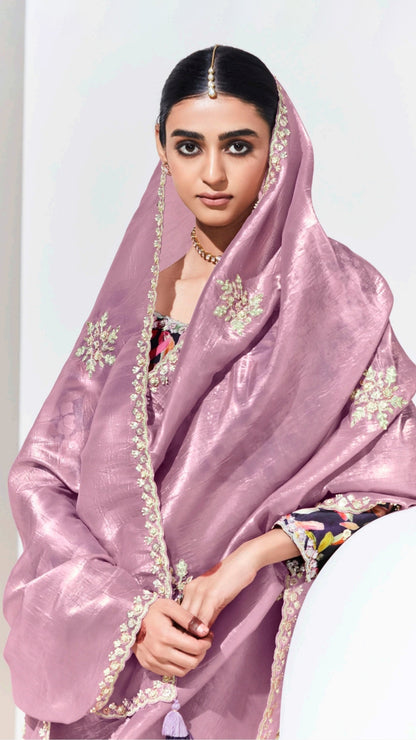Zari & crystal work on mauve pink glaze organza saree with dark purple printed blouse