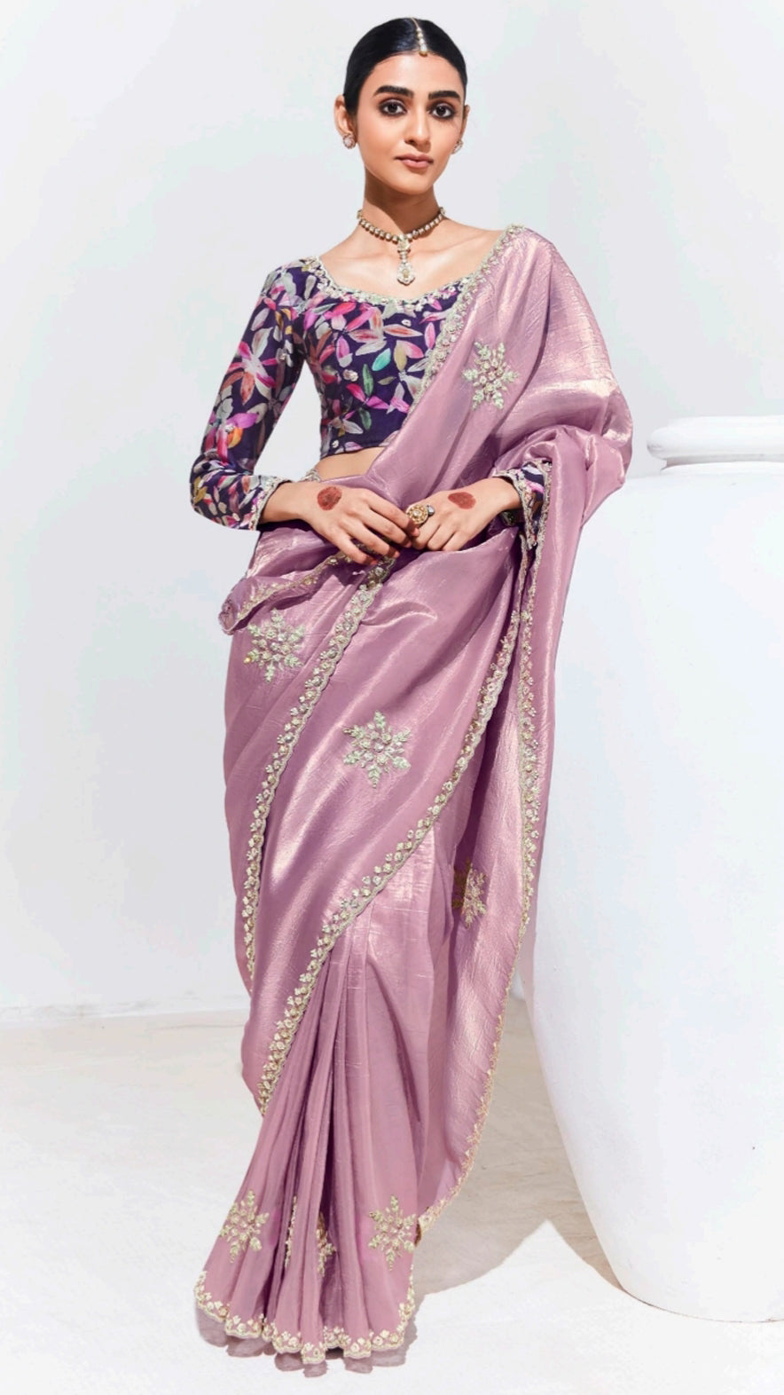 Zari & crystal work on mauve pink glaze organza saree with dark purple printed blouse