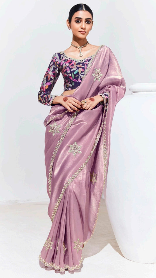 Zari & crystal work on mauve pink glaze organza saree with dark purple printed blouse