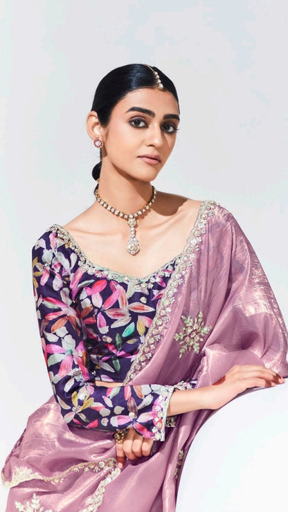Zari & crystal work on mauve pink glaze organza saree with dark purple printed blouse