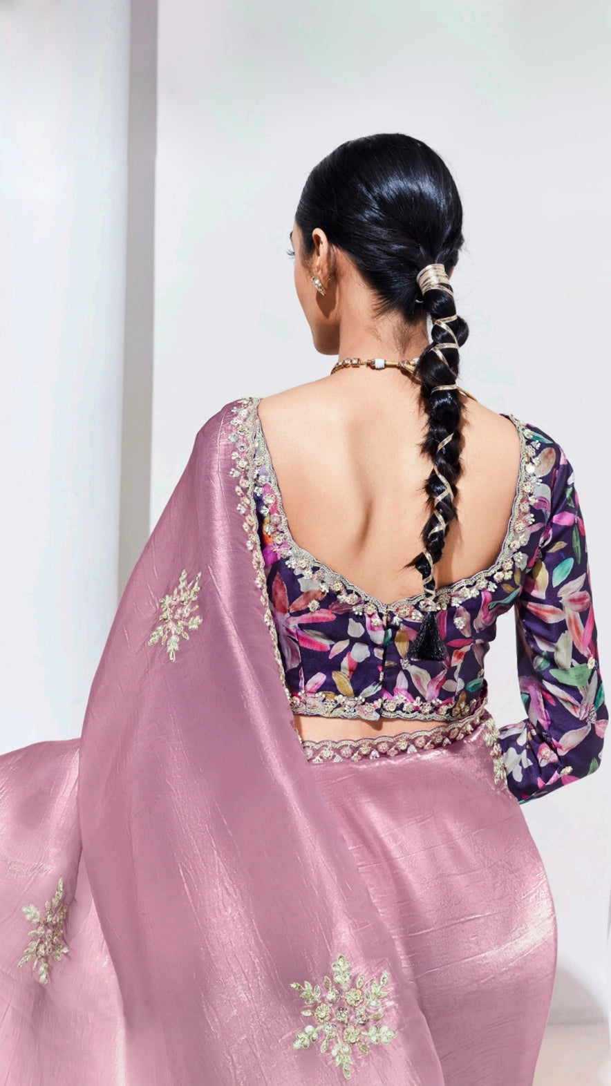 Zari & crystal work on mauve pink glaze organza saree with dark purple printed blouse